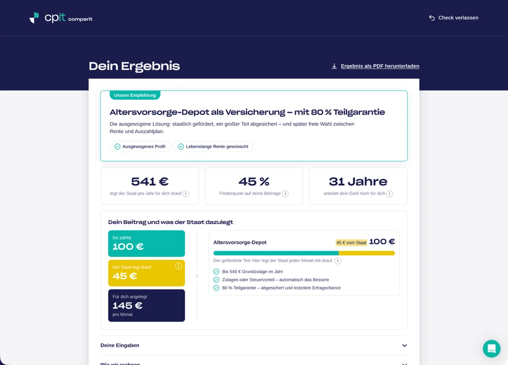 cpit.AVDCHECK: Ergebnis mit Förderbetrag, Förderquote und Beitragsaufteilung