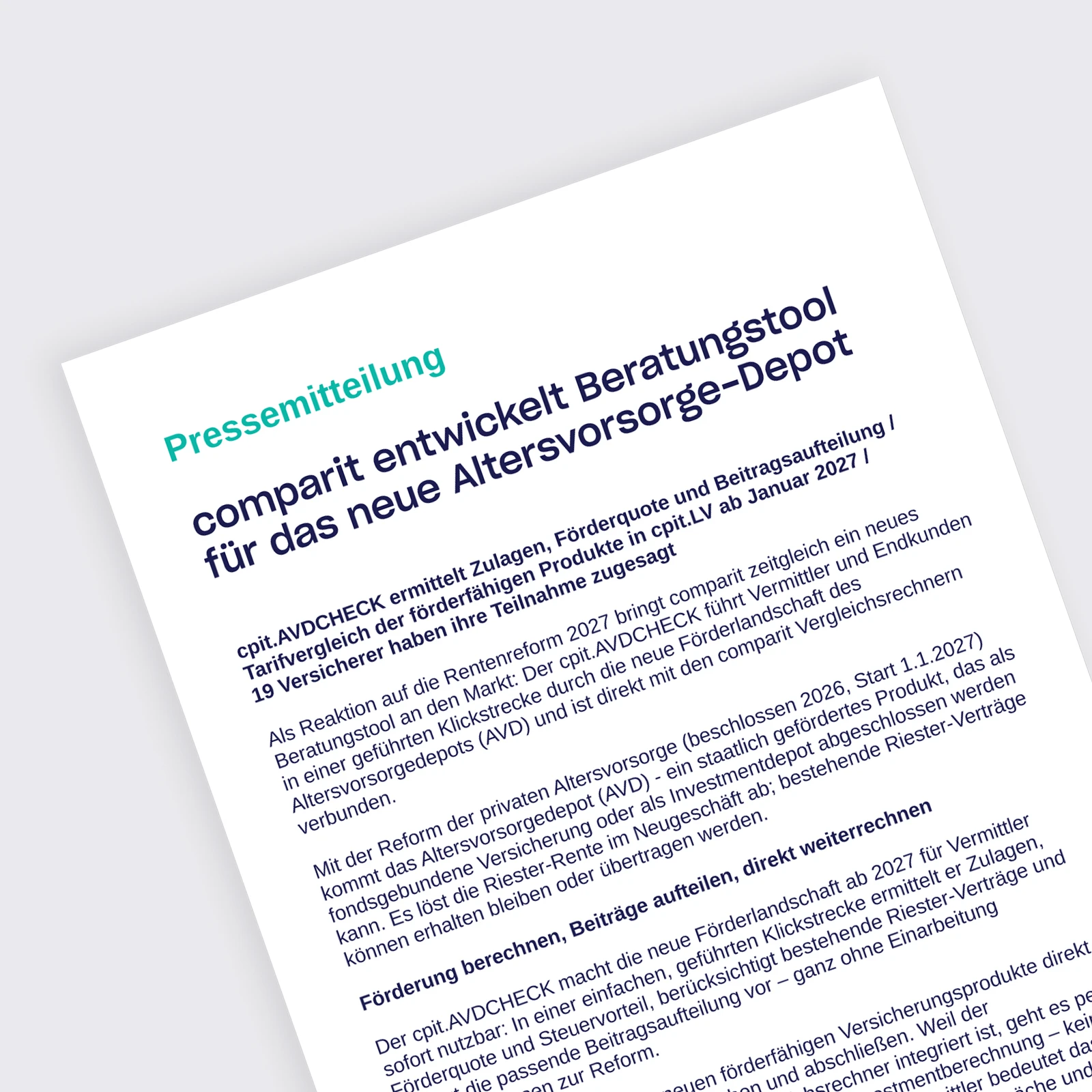 Pressemitteilung: comparit entwickelt Beratungstool für das neue Altersvorsorge-Depot