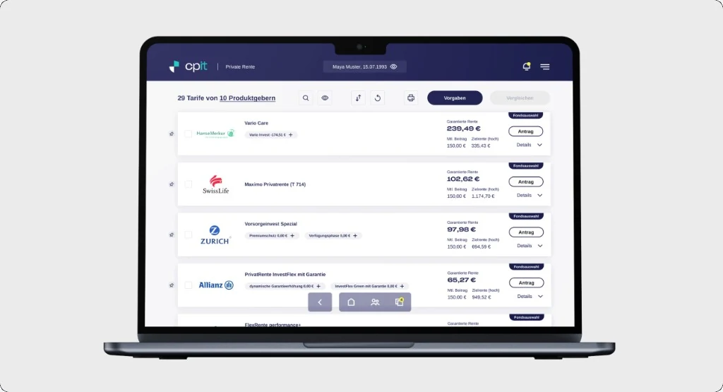 cpit.LV – Ergebnisliste Altersvorsorge-Tarife
