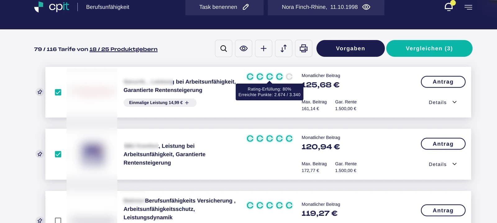 Ergebnisliste der Berufsunfähigkeitsversicherung mit Rating-Ergebnis und eingeblendeter Rating-Erfüllung