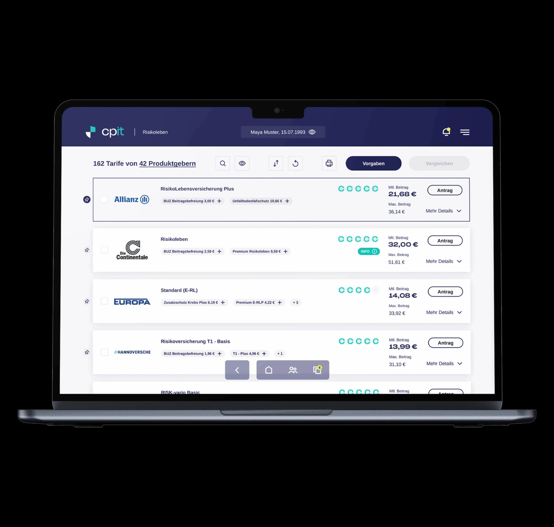 cpit Plattform – Ergebnisliste mit angepinnten Tarifen