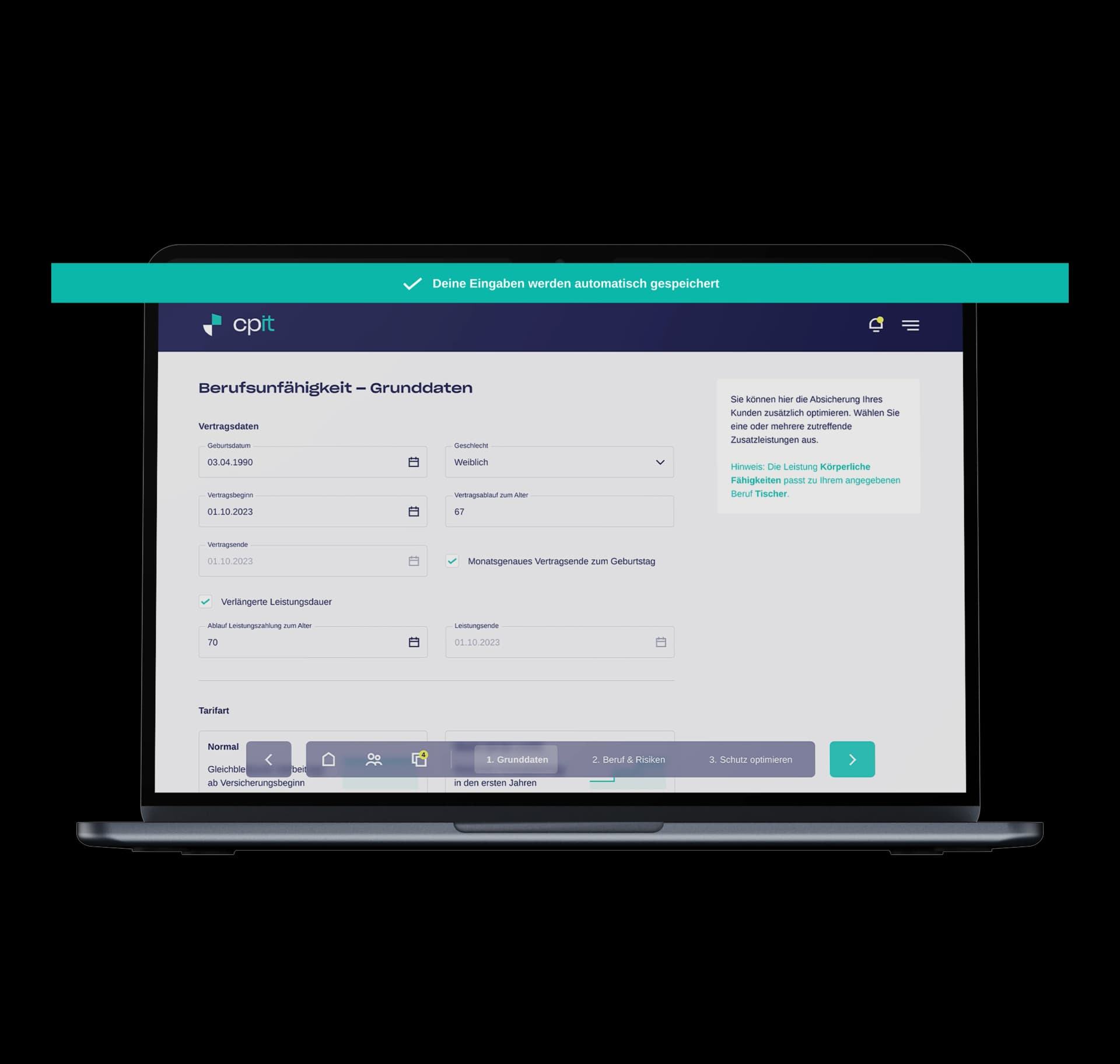 cpit Plattform – Berufsunfähigkeit Grunddaten mit automatischem Speichern