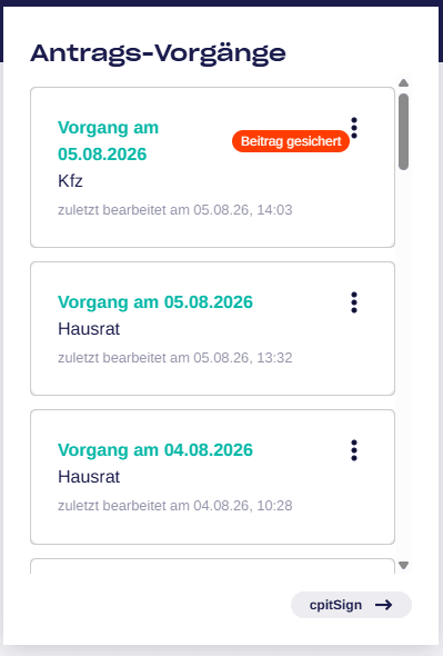 Kfz – gesichertes Angebot im Dashboard