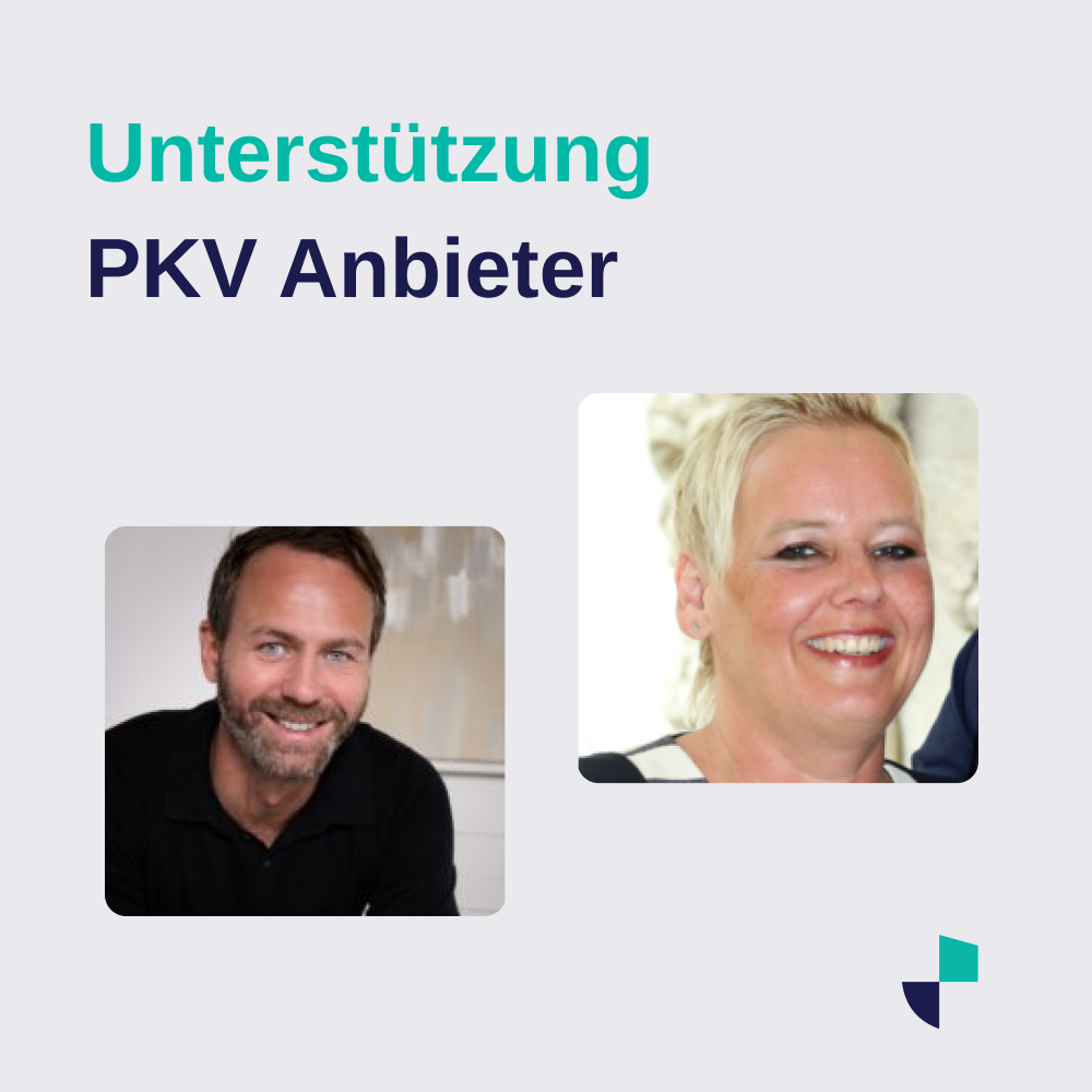 Zwei Personen, die Unterstützung für PKV-Anbieter anbieten, mit dem Schriftzug "Unterstützung PKV Anbieter" über einem hellen Hintergrund.