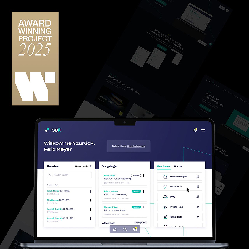 Screenshot einer Preisgekrönten Projektwebseite "German Web Award - Winning Project" für 2025, präsentiert auf einem Laptop. Die Benutzeroberfläche zeigt den Willkommensbildschirm mit den Bereichen „Kunden“, „Vorgänge“, „Rechner“ und „Tools“. Design in dunklen Farben mit modernem Layout.